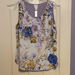 Chico's Floral Reversible Tank Top in Blue, Purple, Yellow Floral Design